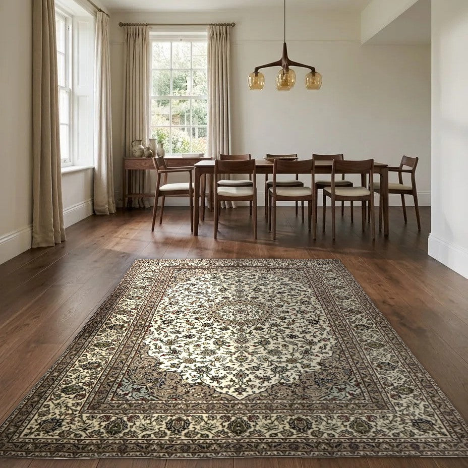 Room view: the rug on the floor of a furnished room