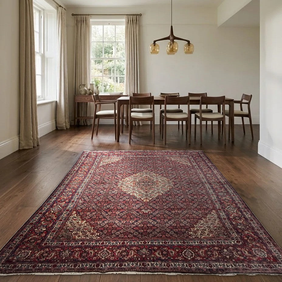 Room view: the rug on the floor of a furnished room