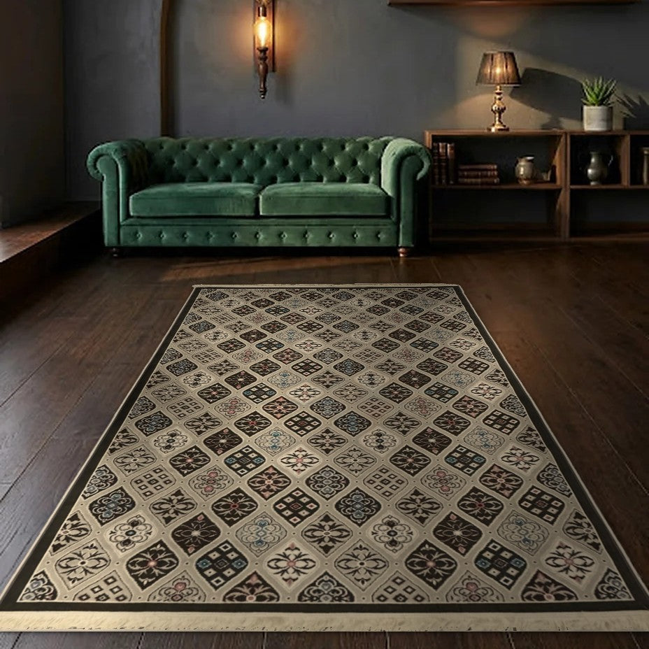 Room view: the rug on the floor of a furnished room