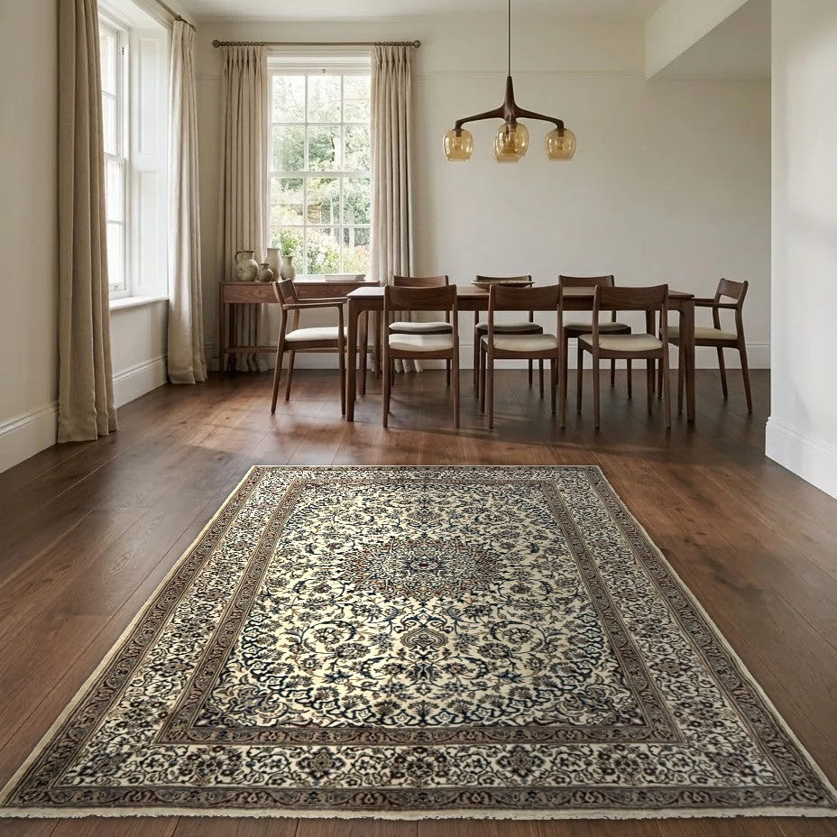 Room view: the rug on the floor of a furnished room