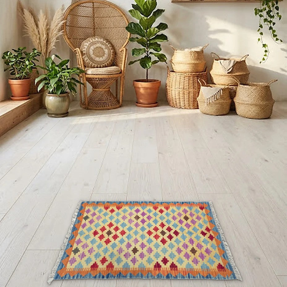 Room view: the rug on the floor of a furnished room