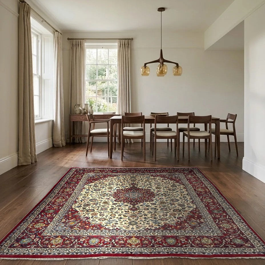 Room view: the rug on the floor of a furnished room