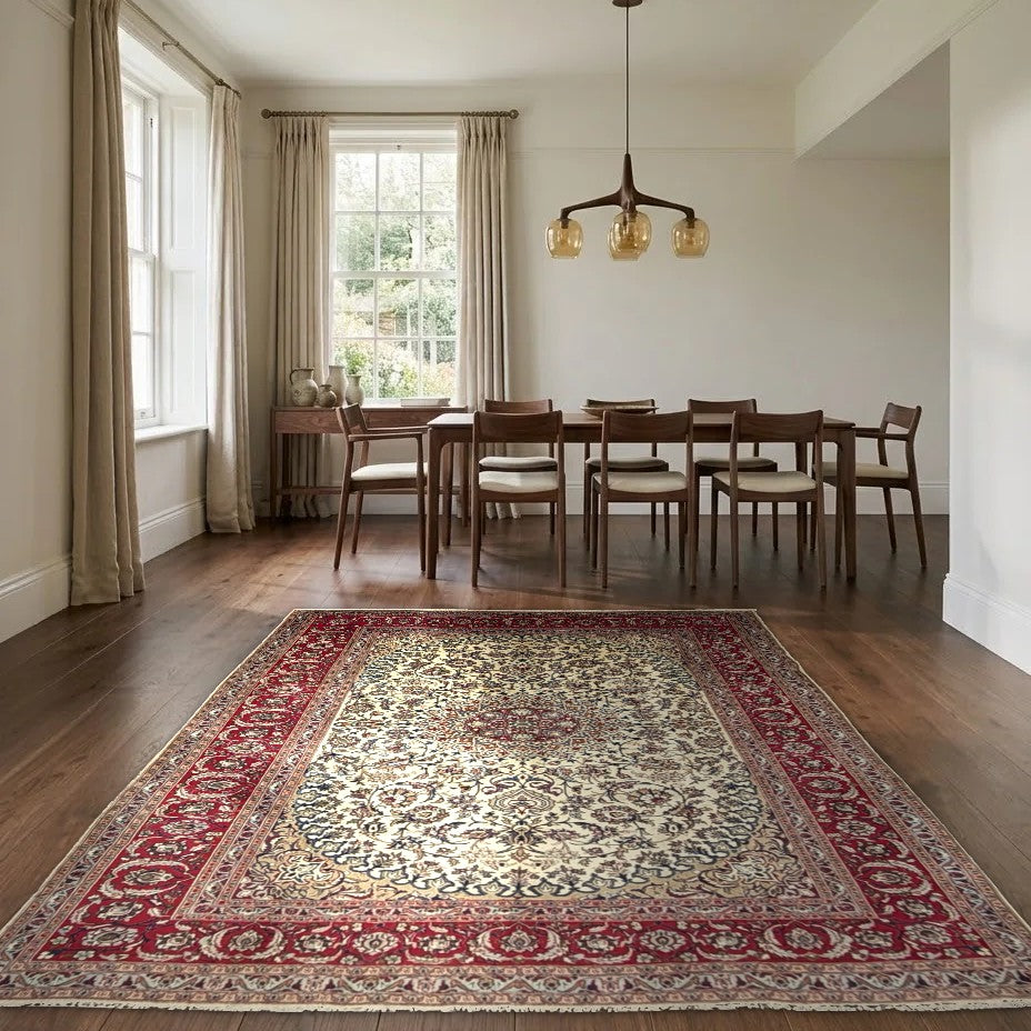 Room view: the rug on the floor of a furnished room