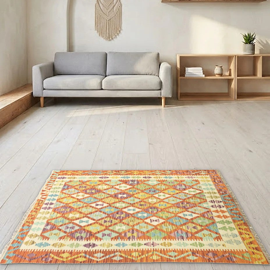 Room view: the rug on the floor of a furnished room