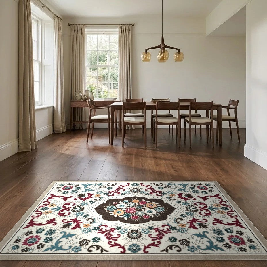 Room view: the rug on the floor of a furnished room