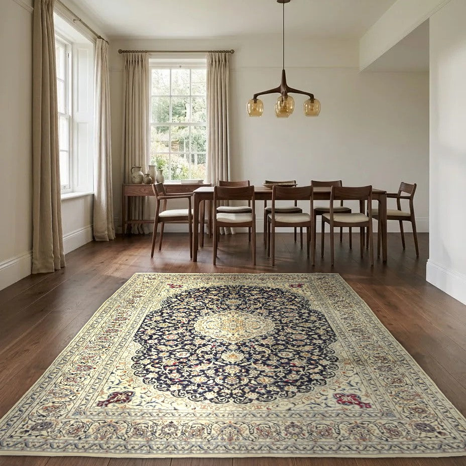 Room view: the rug on the floor of a furnished room