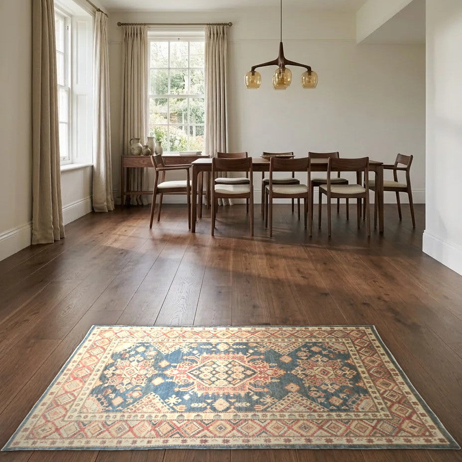 Room view: the rug on the floor of a furnished room