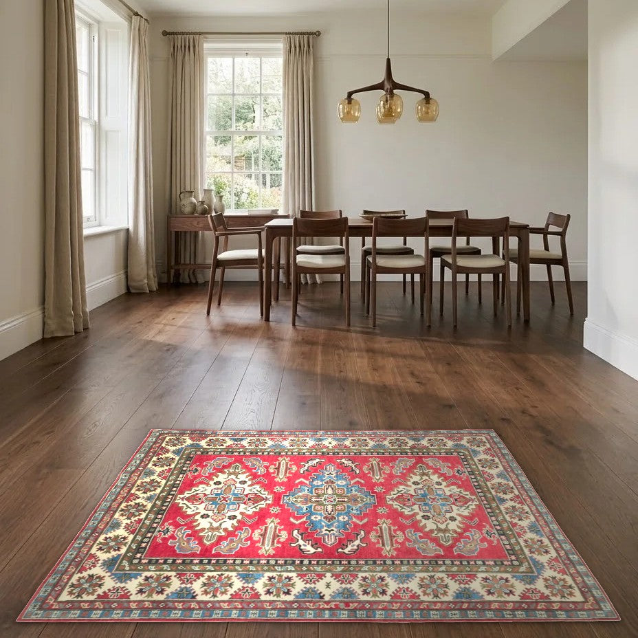 Room view: the rug on the floor of a furnished room