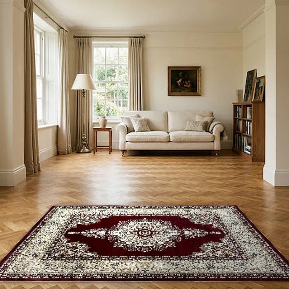 Room view: the rug on the floor of a furnished room