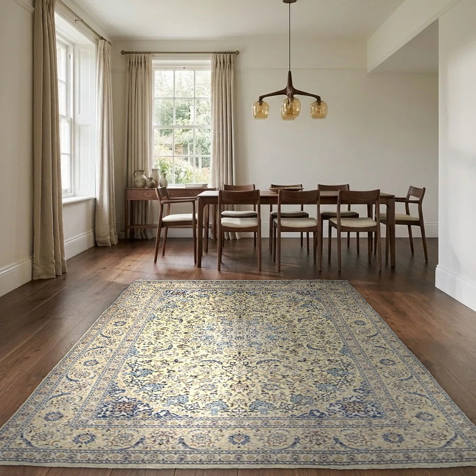 Room view: the rug on the floor of a furnished room