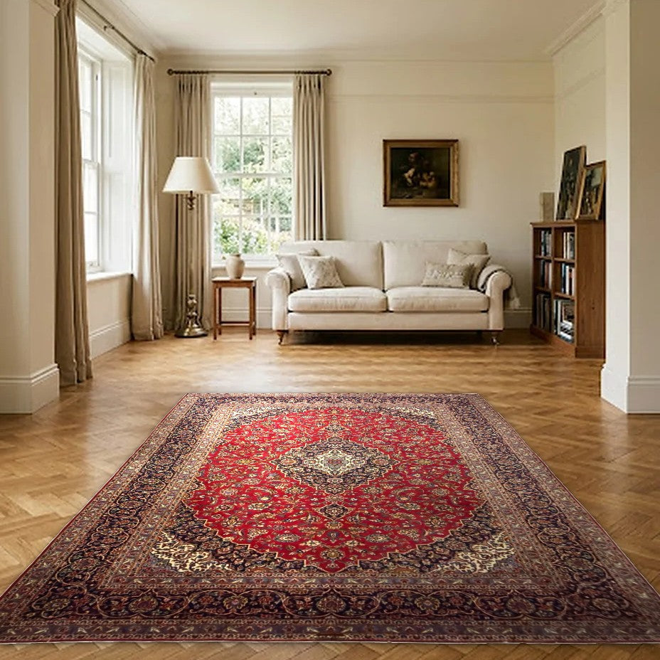 Room view: the rug on the floor of a furnished room