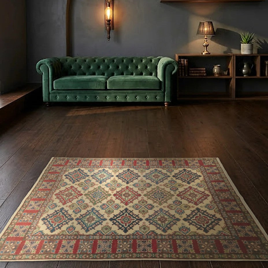 Room view: the rug on the floor of a furnished room