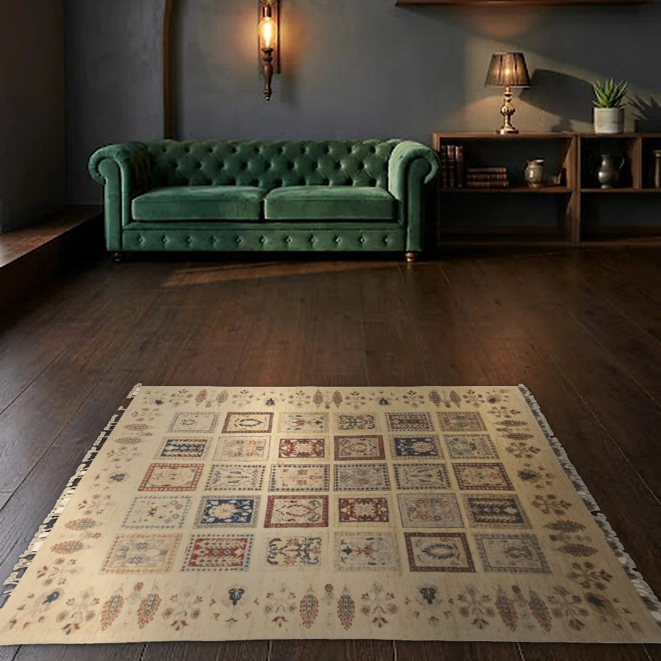 Room view: the rug on the floor of a furnished room
