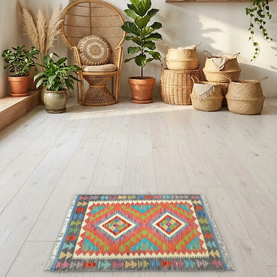 Room view: the rug on the floor of a furnished room