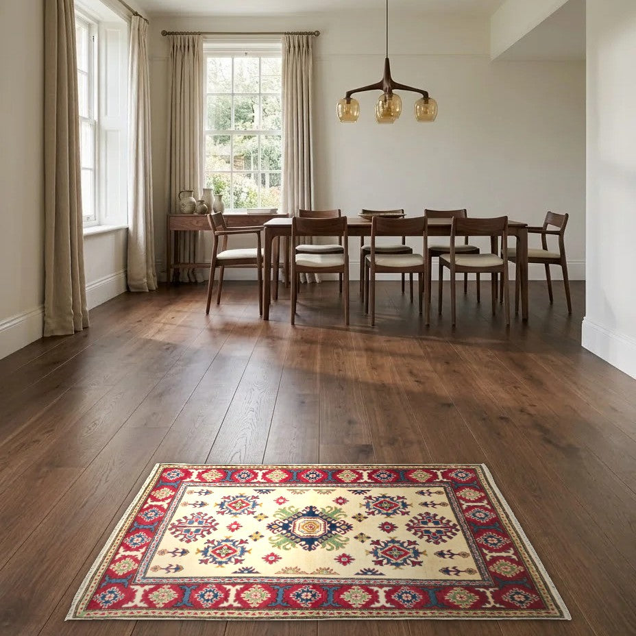 Room view: the rug on the floor of a furnished room