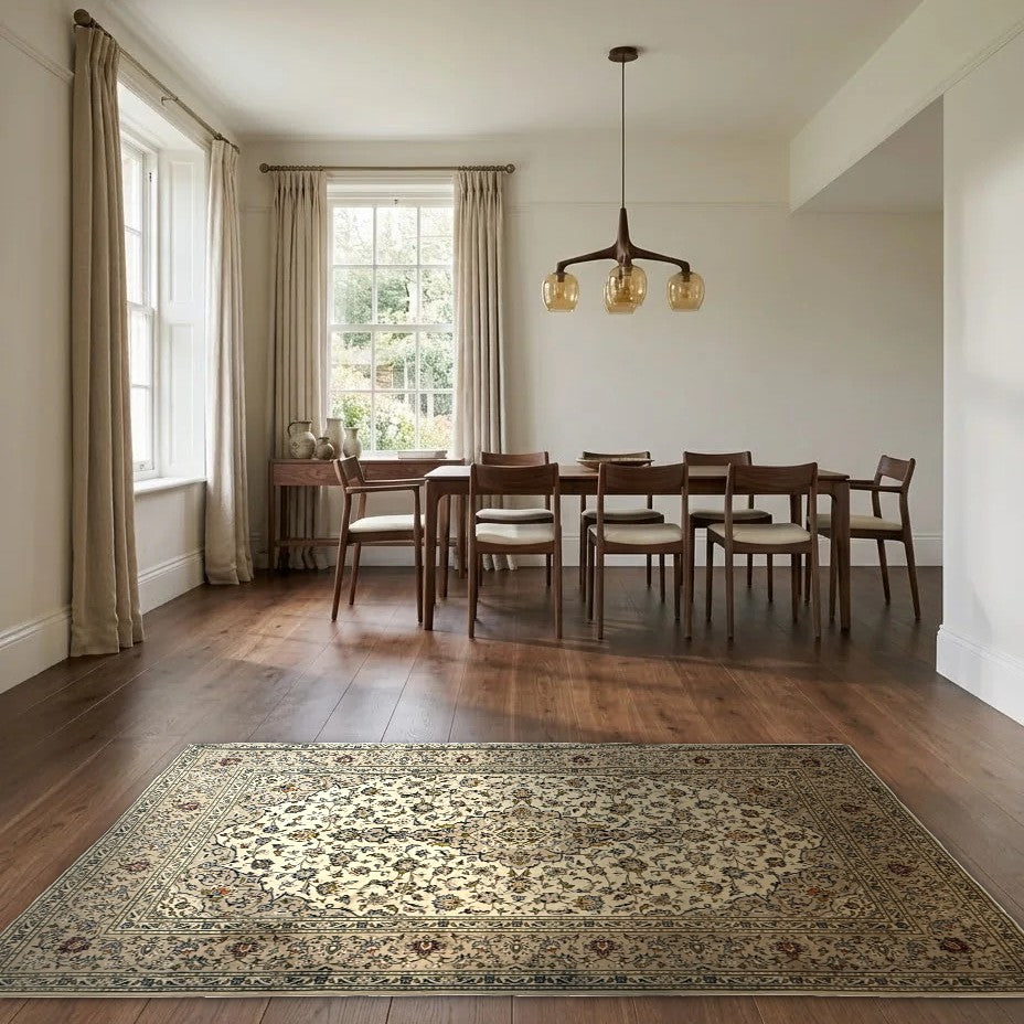 Room view: the rug on the floor of a furnished room