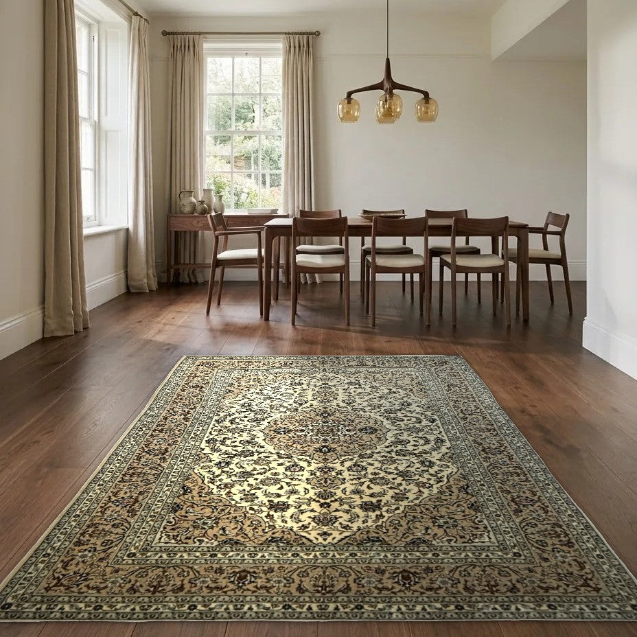 Room view: the rug on the floor of a furnished room