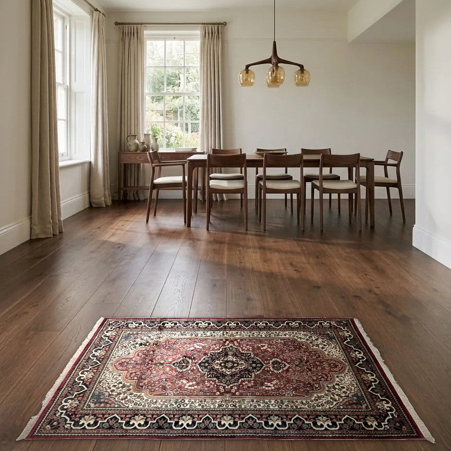 Room view: the rug on the floor of a furnished room
