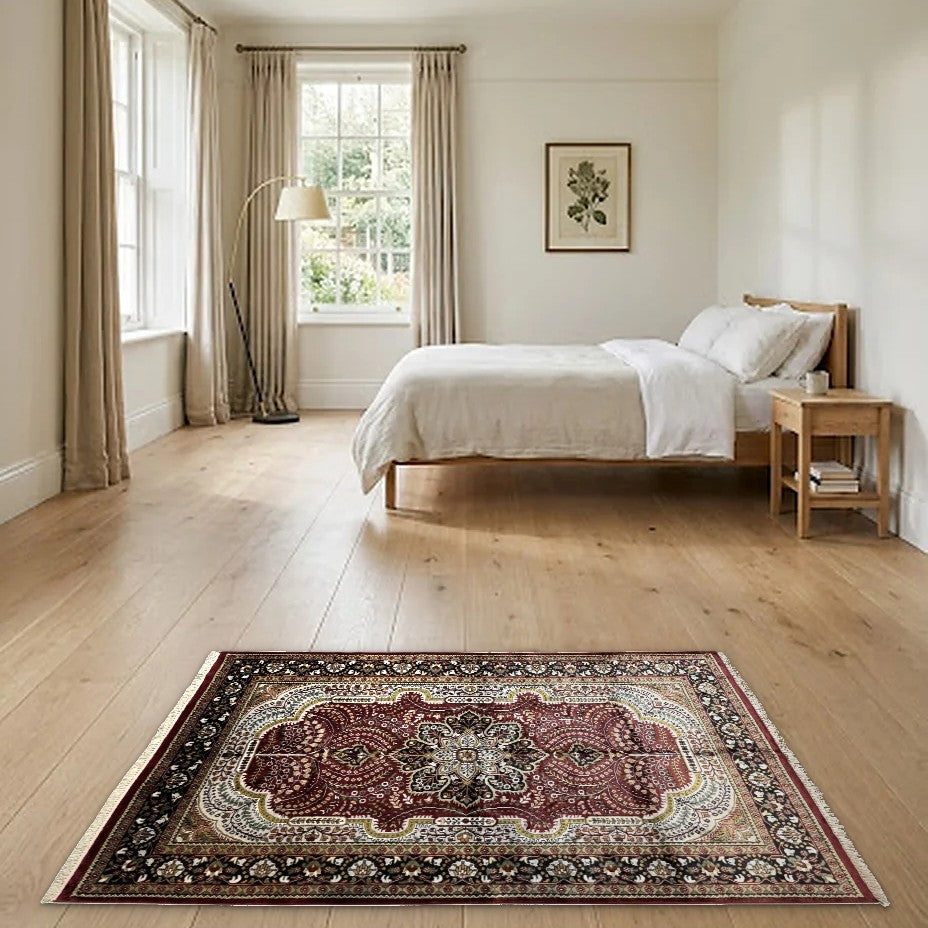 Room view: the rug on the floor of a furnished room