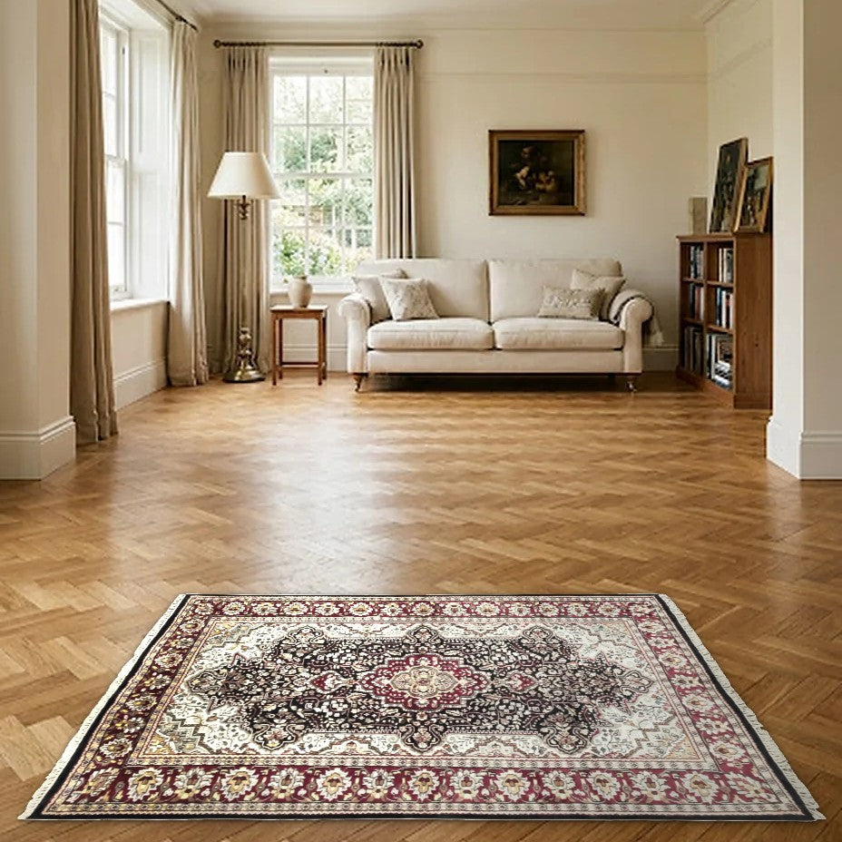 Room view: the rug on the floor of a furnished room