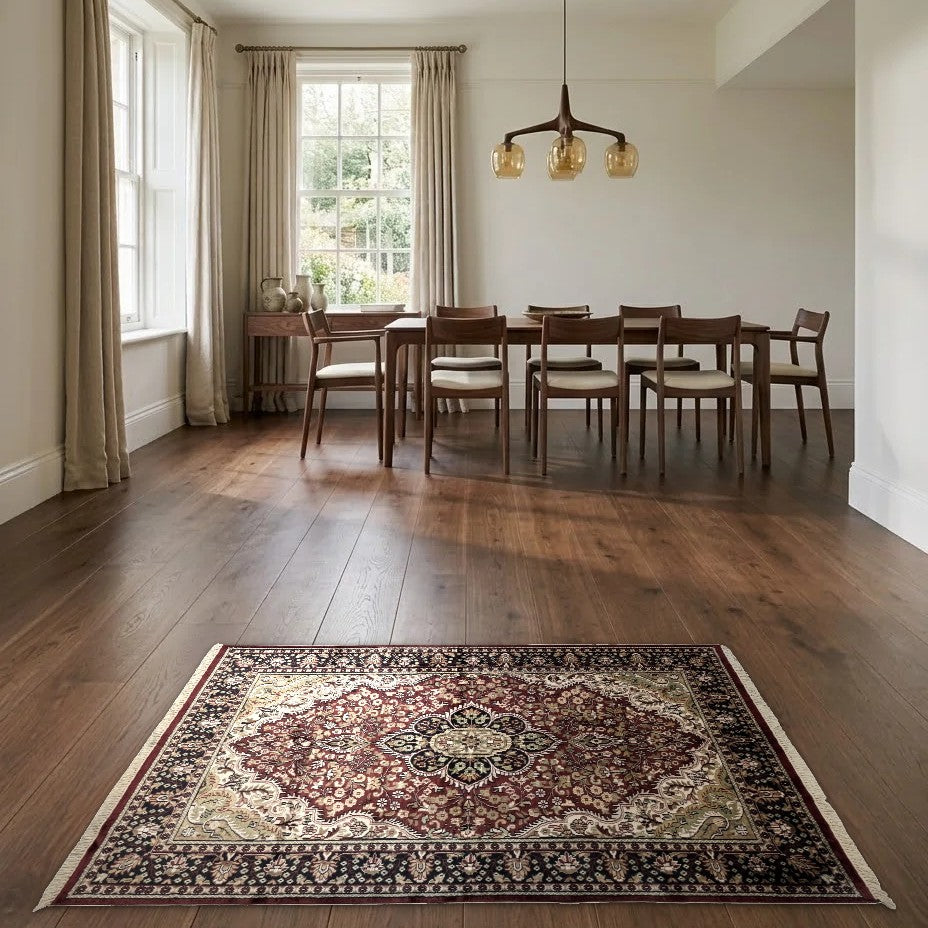 Room view: the rug on the floor of a furnished room