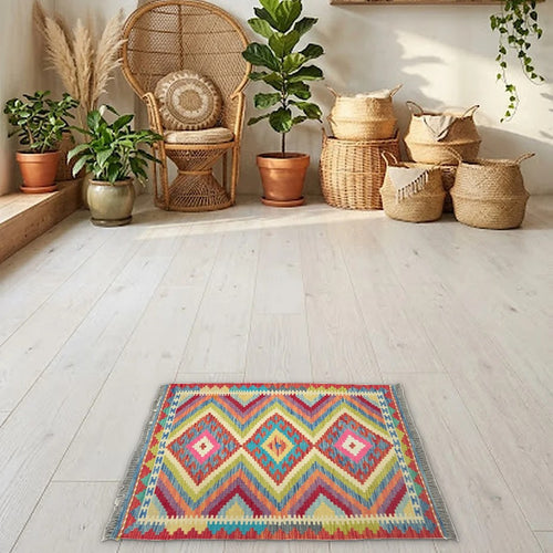 Room view: the rug on the floor of a furnished room