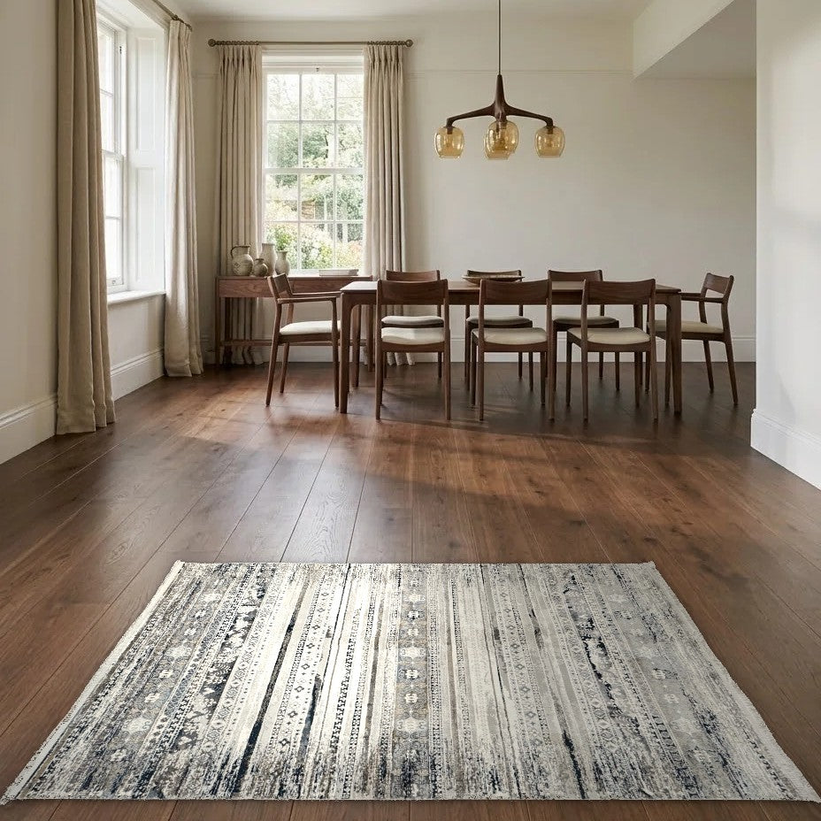 Room view: the rug on the floor of a furnished room