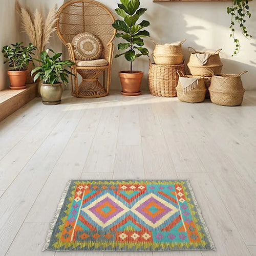 Room view: the rug on the floor of a furnished room