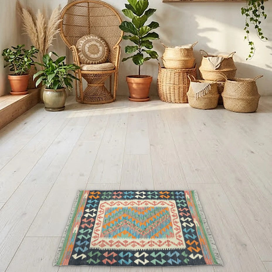 Room view: the rug on the floor of a furnished room
