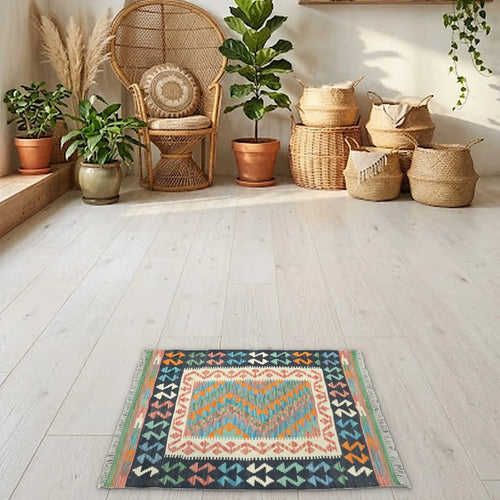 Room view: the rug on the floor of a furnished room