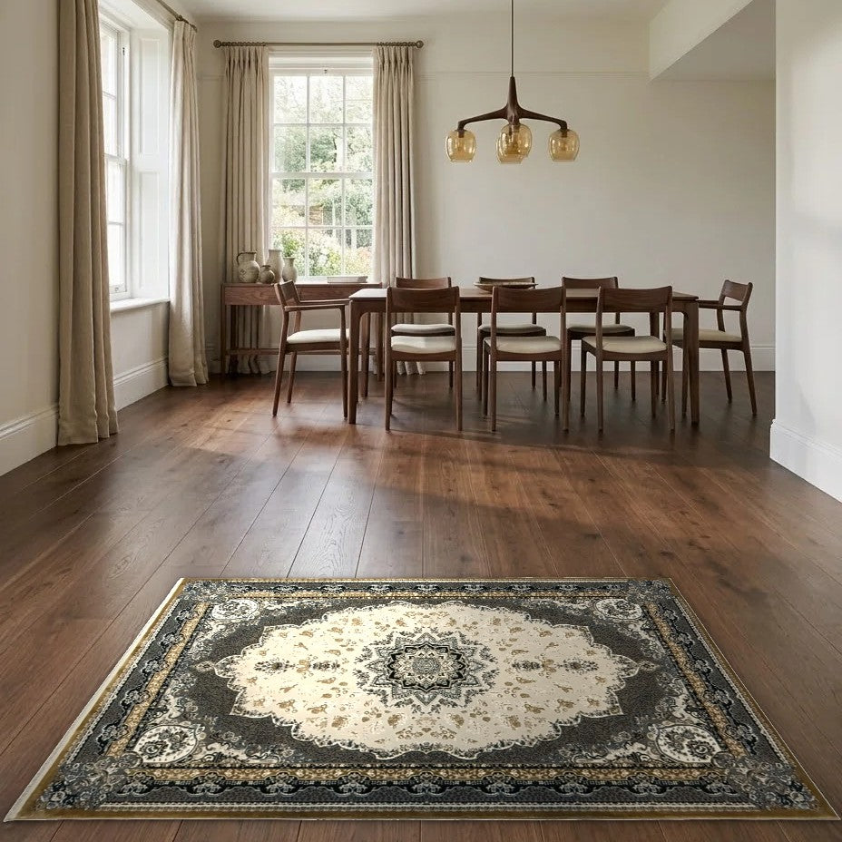 Room view: the rug on the floor of a furnished room