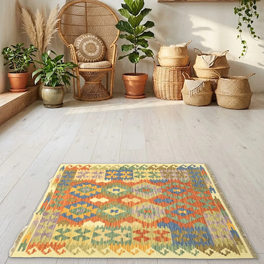 Room view: the rug on the floor of a furnished room