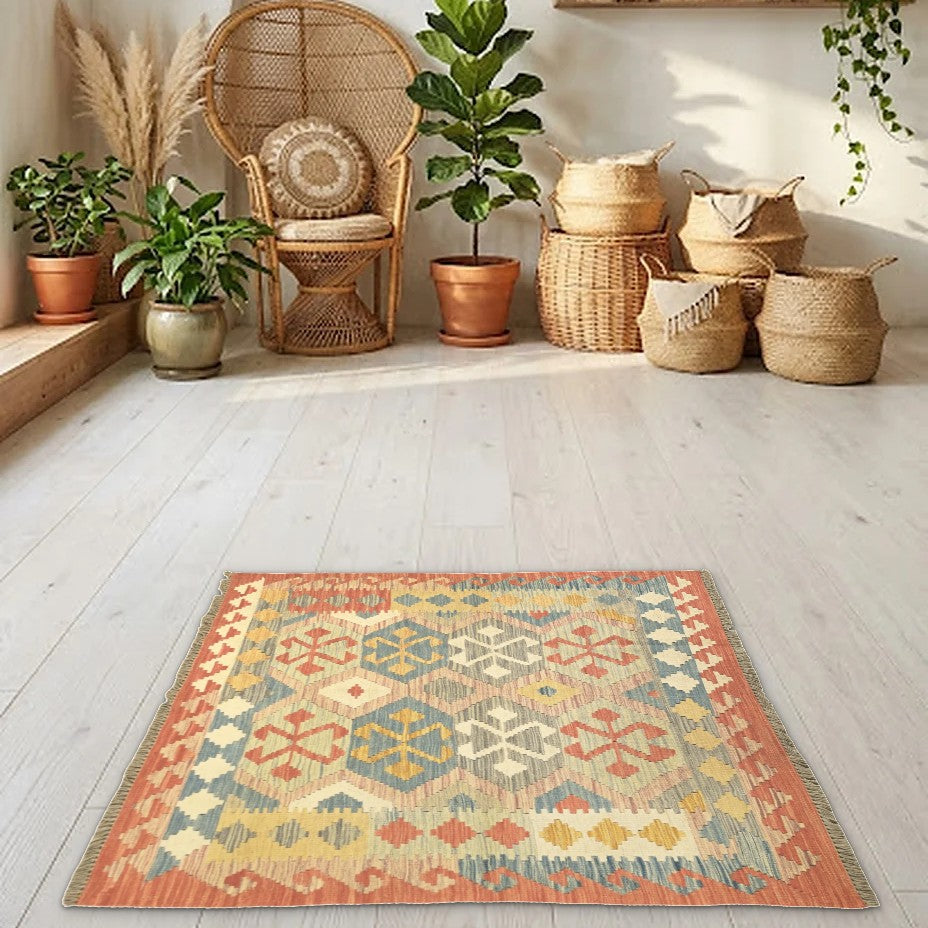Room view: the rug on the floor of a furnished room