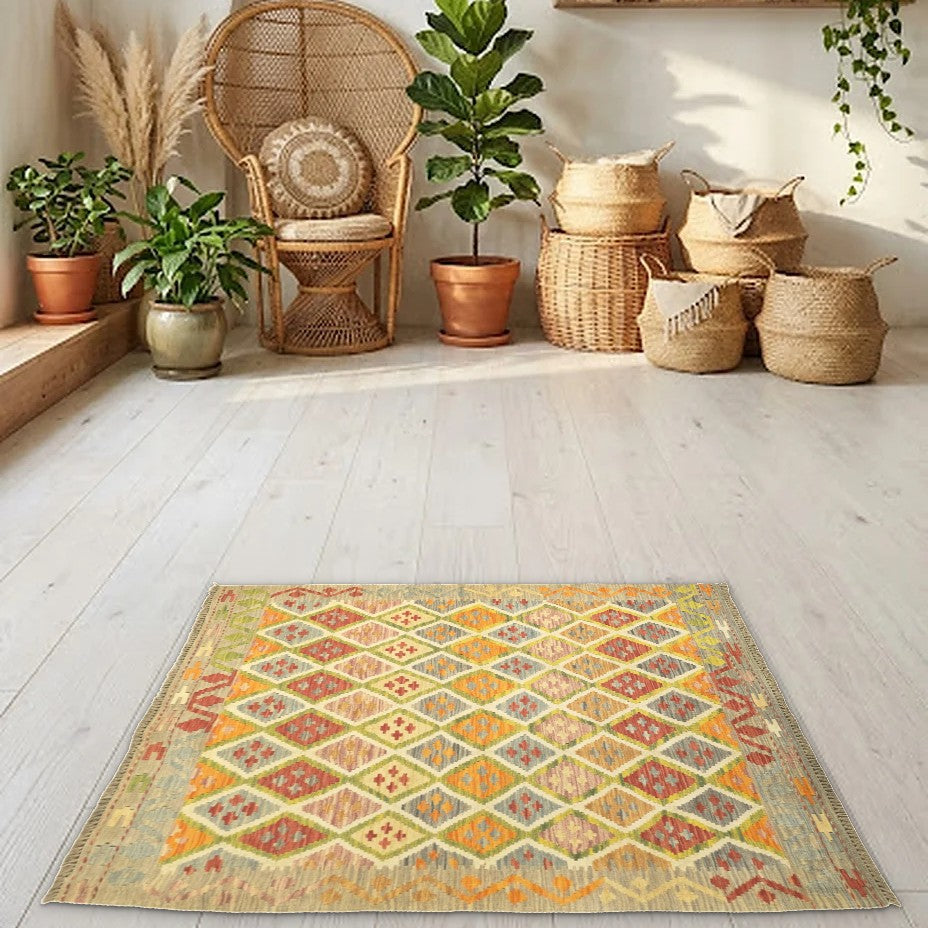 Room view: the rug on the floor of a furnished room
