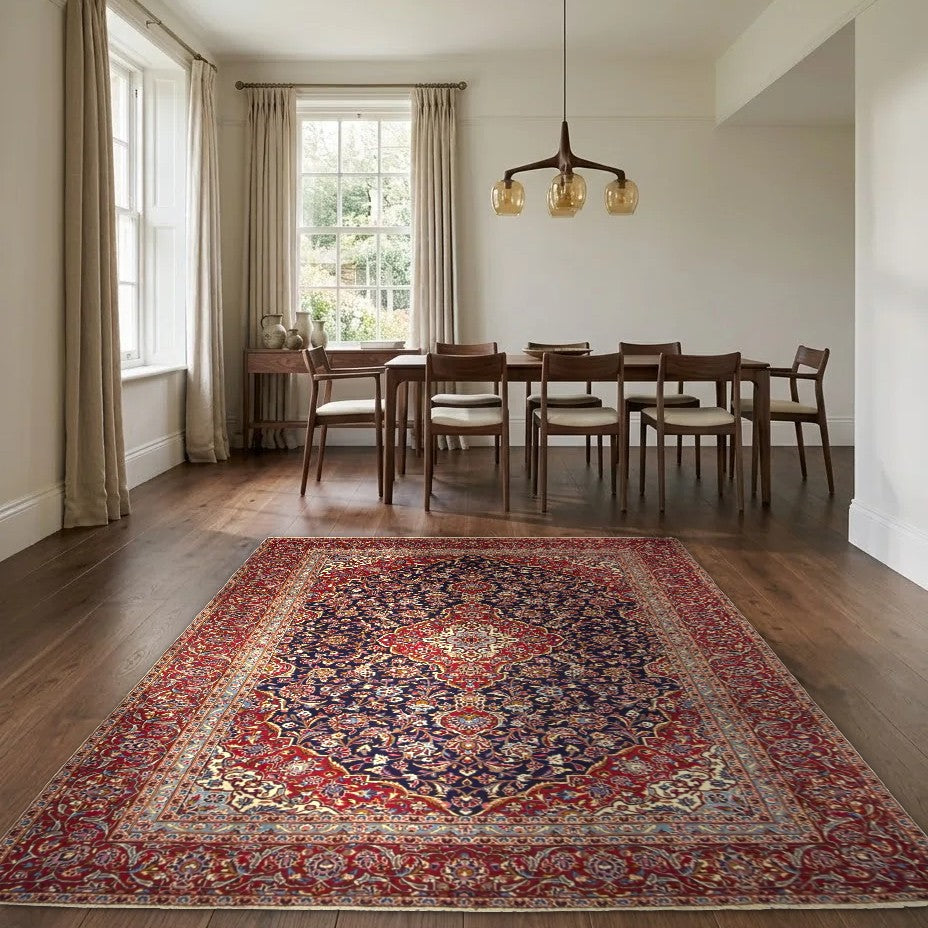Room view: the rug on the floor of a furnished room