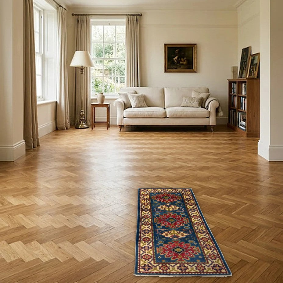 Room view: the rug on the floor of a furnished room
