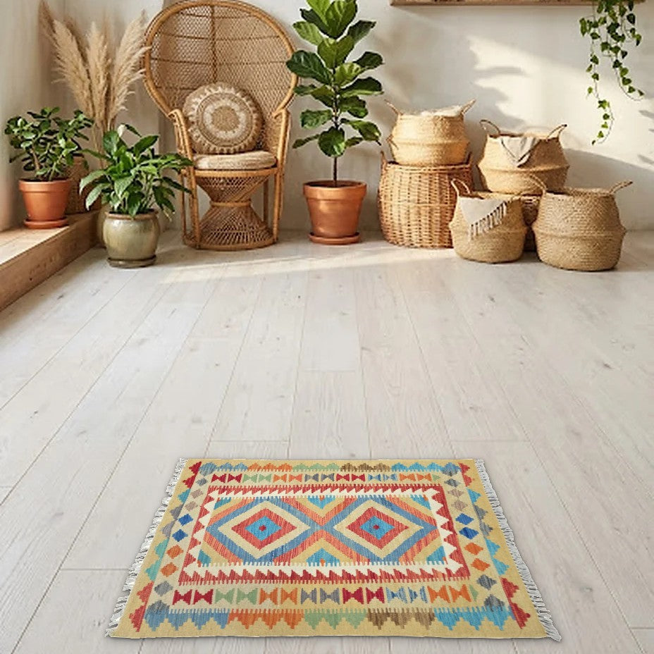 Room view: the rug on the floor of a furnished room