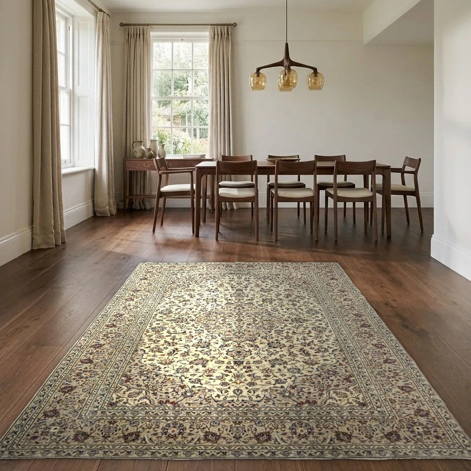 Room view: the rug on the floor of a furnished room