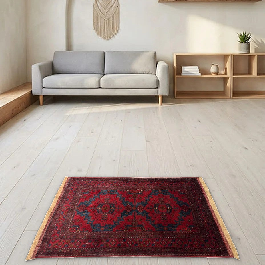 Room view: the rug on the floor of a furnished room