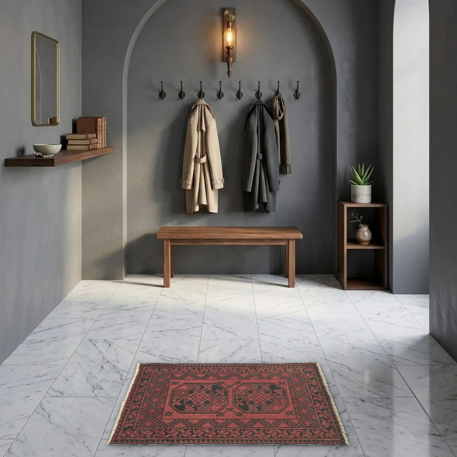 Room view: the rug on the floor of a furnished room