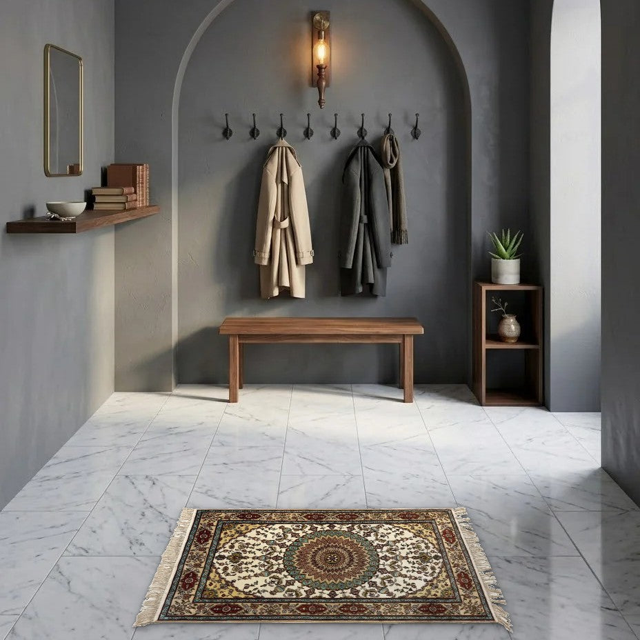 Room view: the rug on the floor of a furnished room