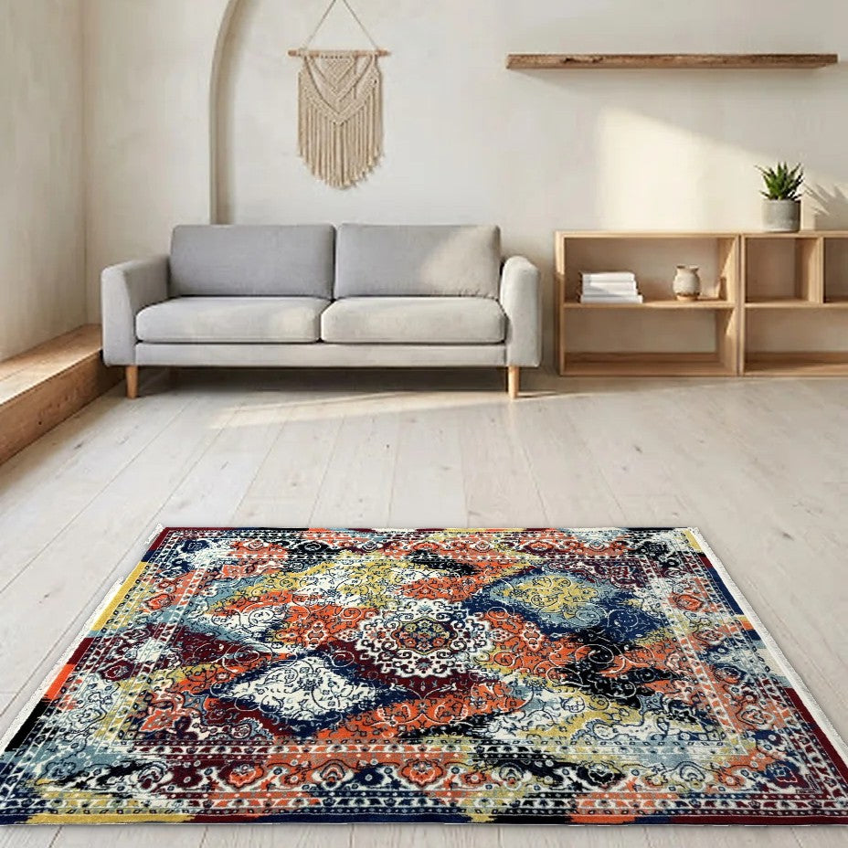 Room view: the rug on the floor of a furnished room