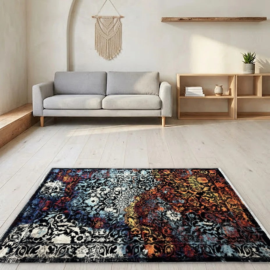 Room view: the rug on the floor of a furnished room