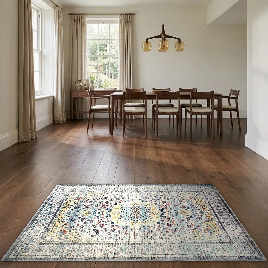 Room view: the rug on the floor of a furnished room