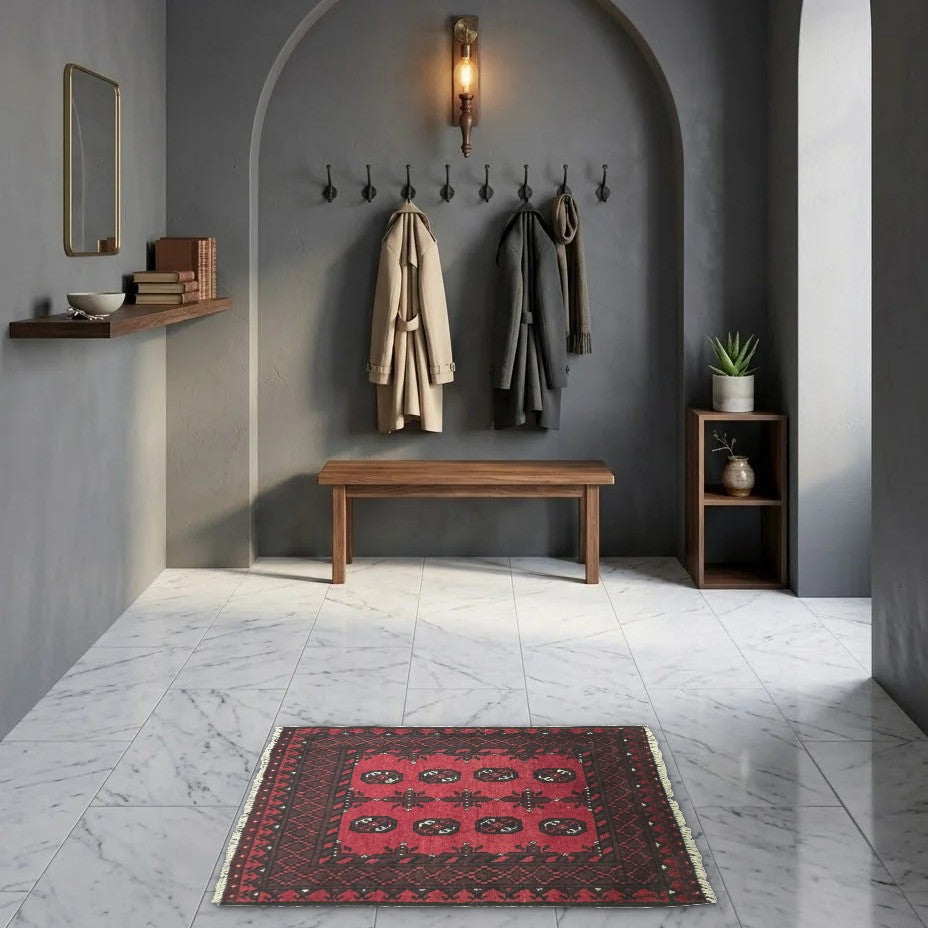 Room view: the rug on the floor of a furnished room