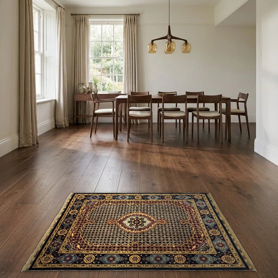 Room view: the rug on the floor of a furnished room