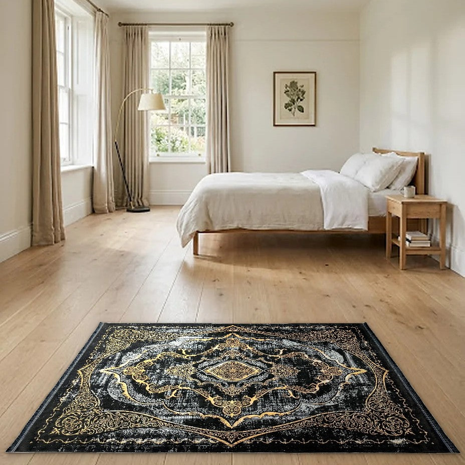Room view: the rug on the floor of a furnished room