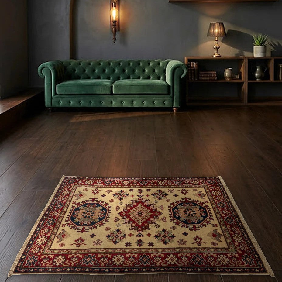 Room view: the rug on the floor of a furnished room