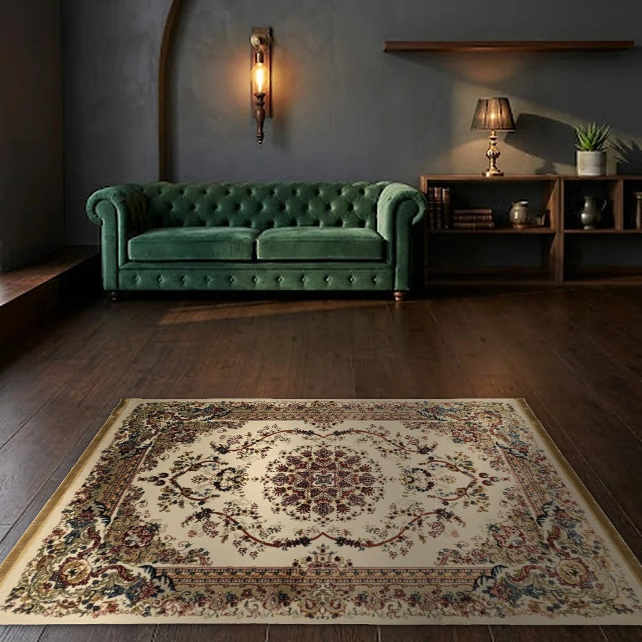 Room view: the rug on the floor of a furnished room