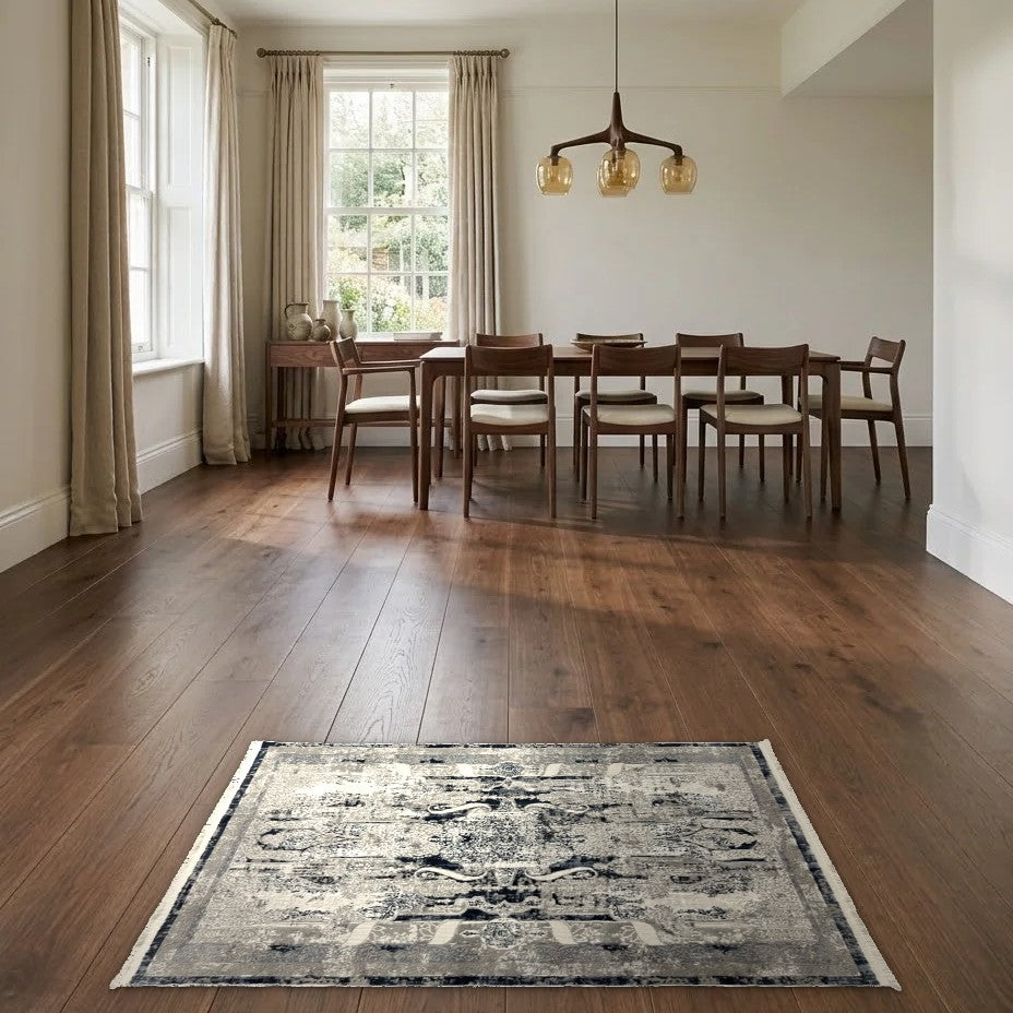 Room view: the rug on the floor of a furnished room